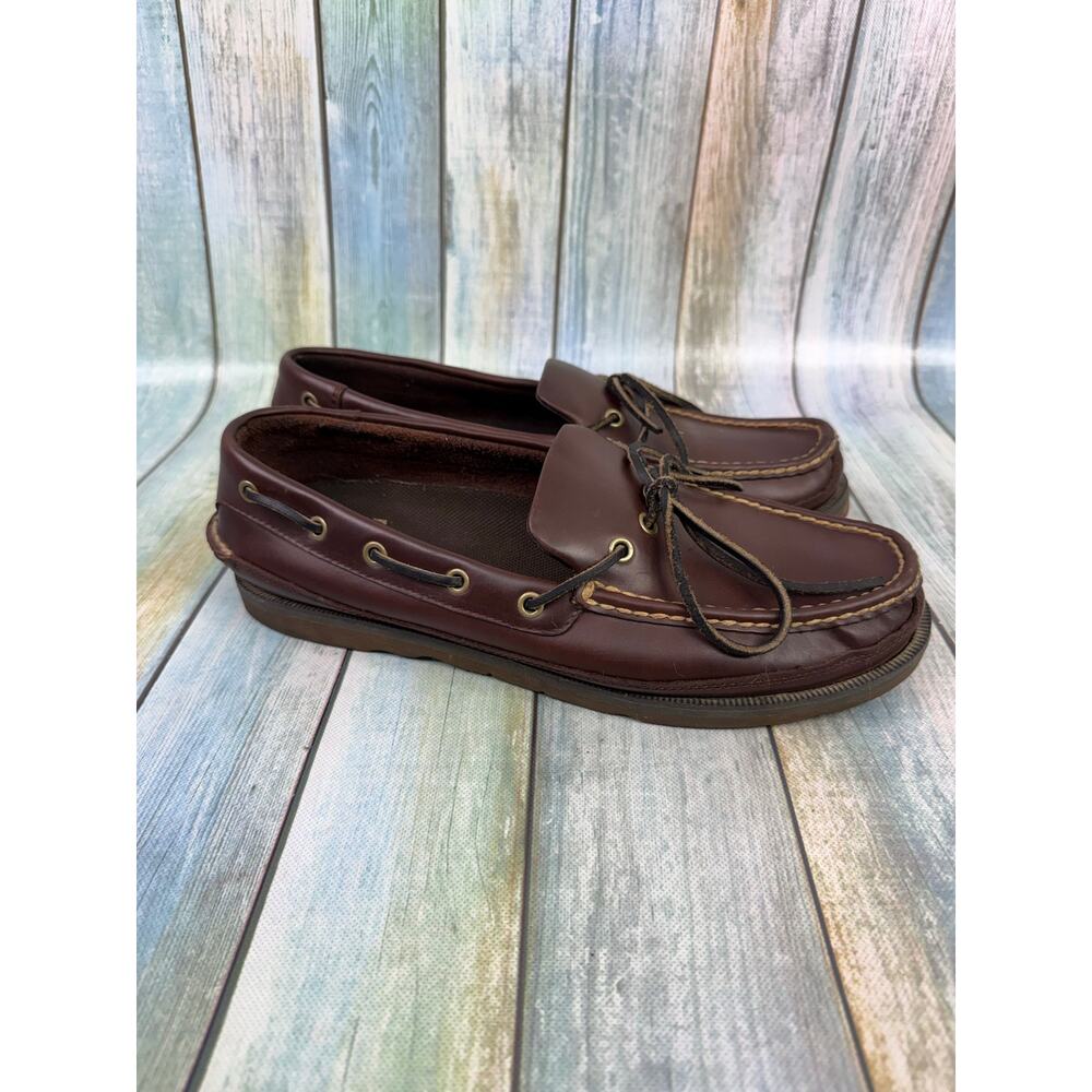 Cabela's Docksider Boat Shoes Brown Leather Vibram Sole Men's Size 12 1 Eye - Picture 3 of 8